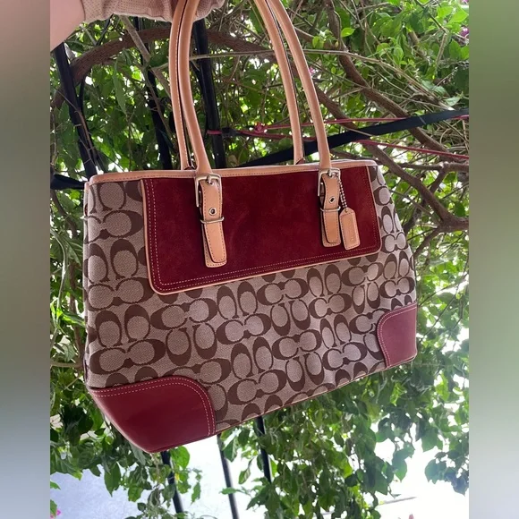 Coach, Y2K 2003 Hampton Leather, Suede, Canvas Satchel Bag, Red - Picture 3 of 17